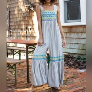 Natural Life brand wide leg jumpsuit Sz small embroidery boho gray spring summer